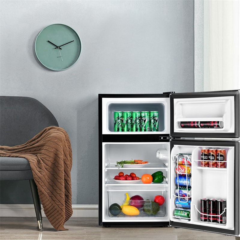 3.2 Cu. Ft Mini Fridge with Freezer for Bedroom, Dorm, Office, Compact  Refrigerator with Adjustable Thermostat, Removable Glass Shelves and  Reversible