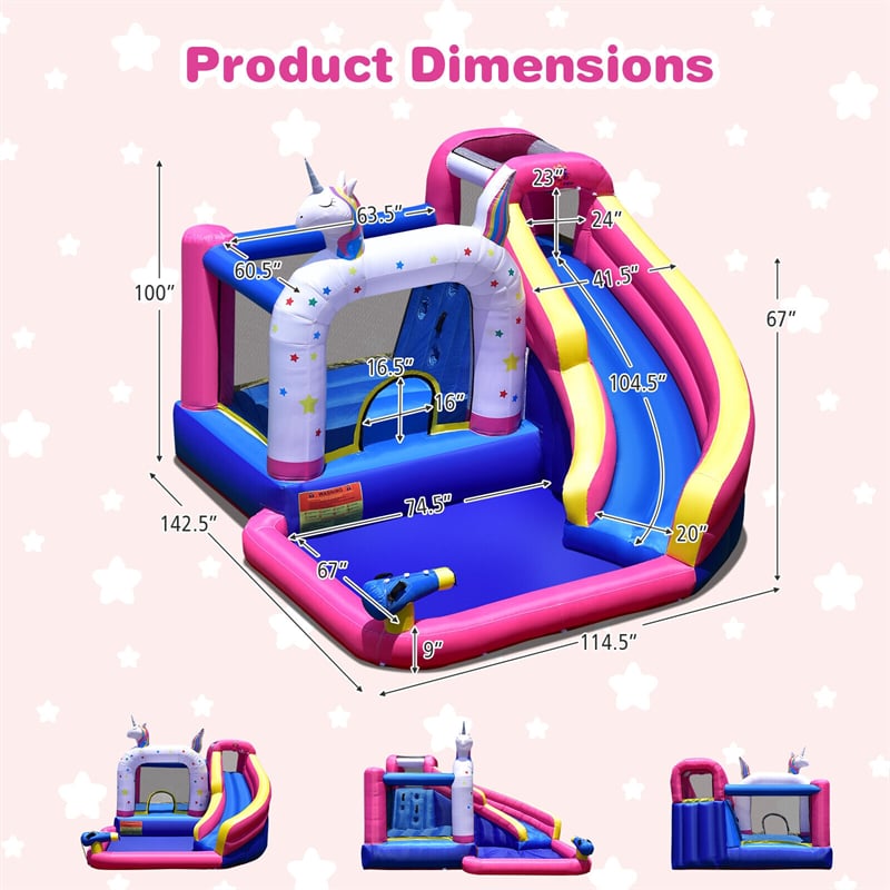 Unicorn Inflatable Water Slide Bounce House for Kids with 480W Blower