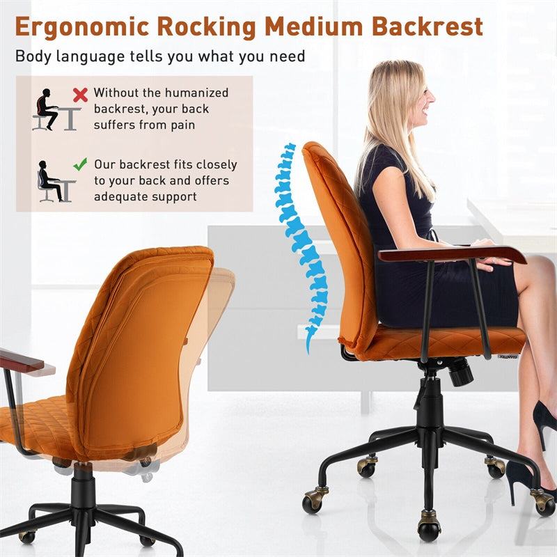 Velvet Home Office Chair Desk Chair Adjustable Height Swivel Task Chair with Wooden Armrest & Copper Casters