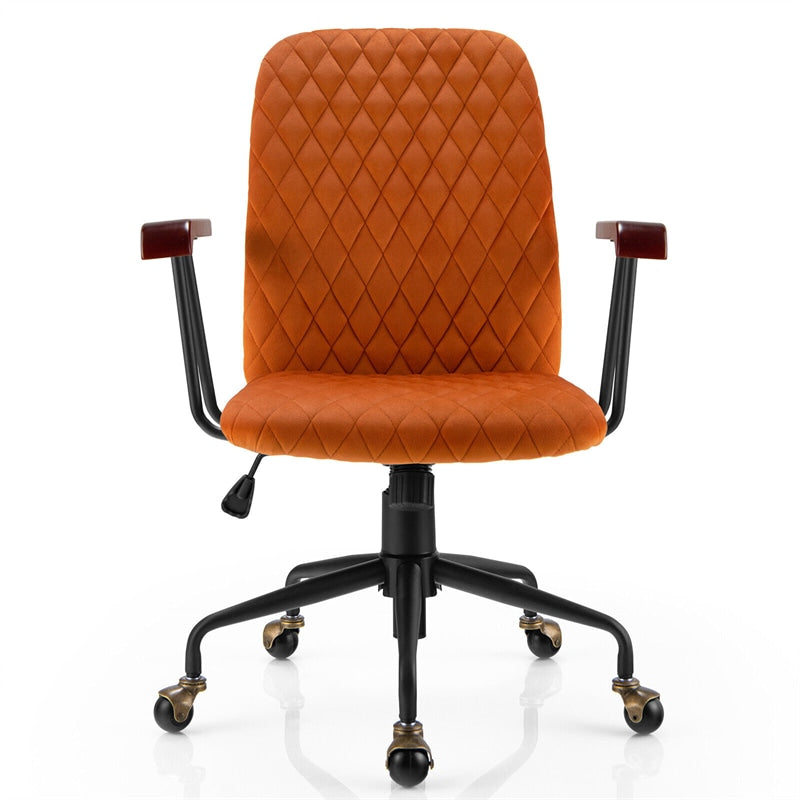 Velvet Home Office Chair Desk Chair Adjustable Height Swivel Task Chair with Wooden Armrest & Copper Casters