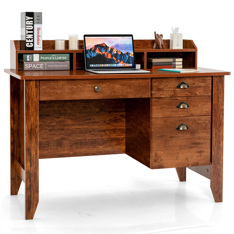 Wood Computer Desk with Hutch, 48" Home Office Desk Vintage Desk Study Writing Desk with Storage Drawers & Shelves