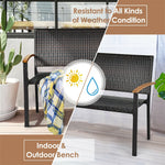 Wicker Patio Bench Weather-Resistant Rattan Outdoor Loveseat Chair Steel Frame with Armrest for Garden