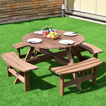 8-Person Wood Picnic Table Bench Set Patio Dining Bench Set with Umbrella Hole for Garden Yard