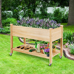 Wood Raised Garden Bed on Wheels, Raised Planter Box Elevated Garden Bed with Storage Shelf, Drainage Holes & Inner Liner