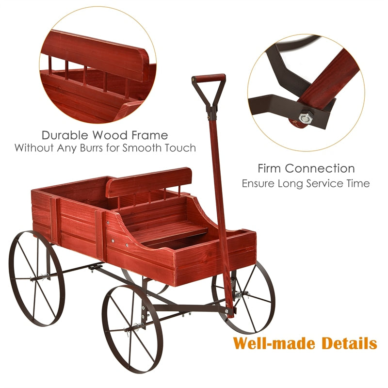 Wooden Garden Planter Wagon Cart with Metal Wheels for Backyard