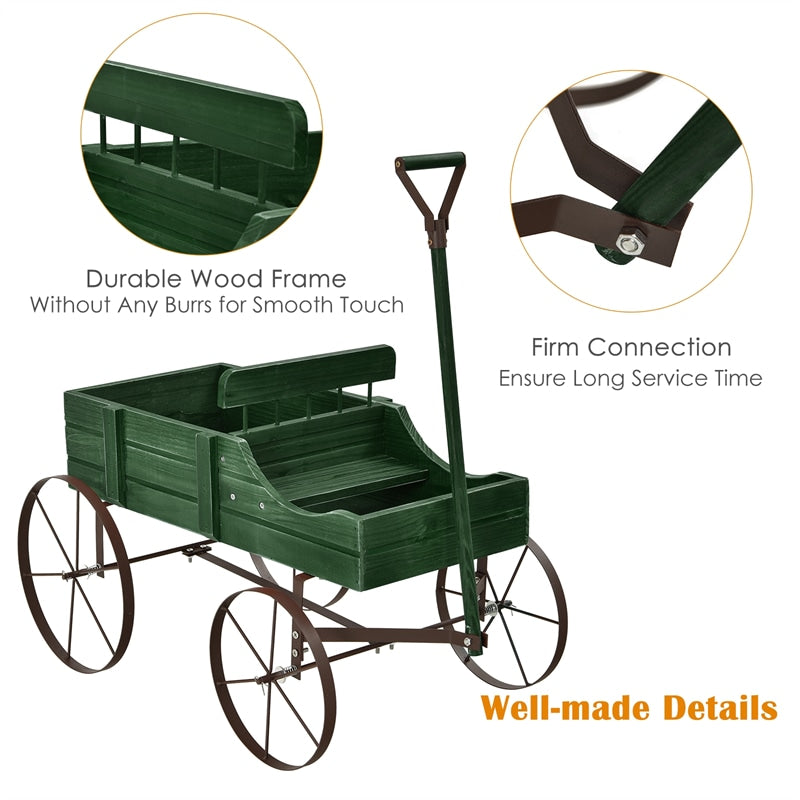 Wooden Wagon Flower Planter Decorative Garden Planter Wagon with Metal Wheels for Backyard