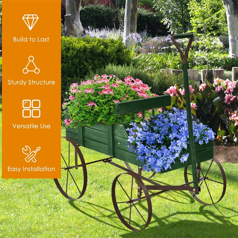 Wooden Garden Planter Wagon Cart with Metal Wheels for Backyard