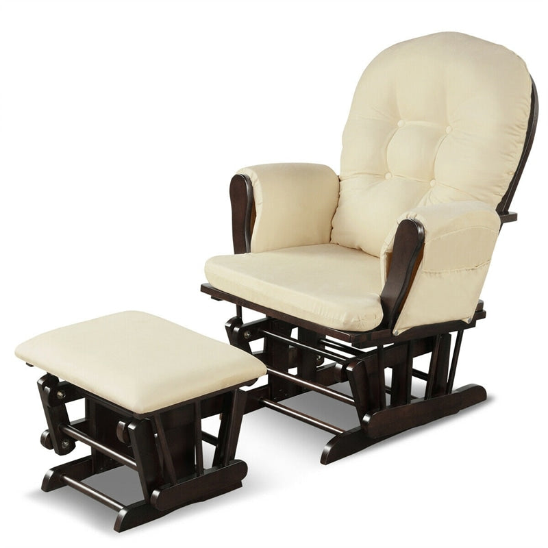 Wood Nursery Glider Chair & Ottoman Set Nursery Rocking Chair Glider Rocker with Padded Cushion & Storage Pocket