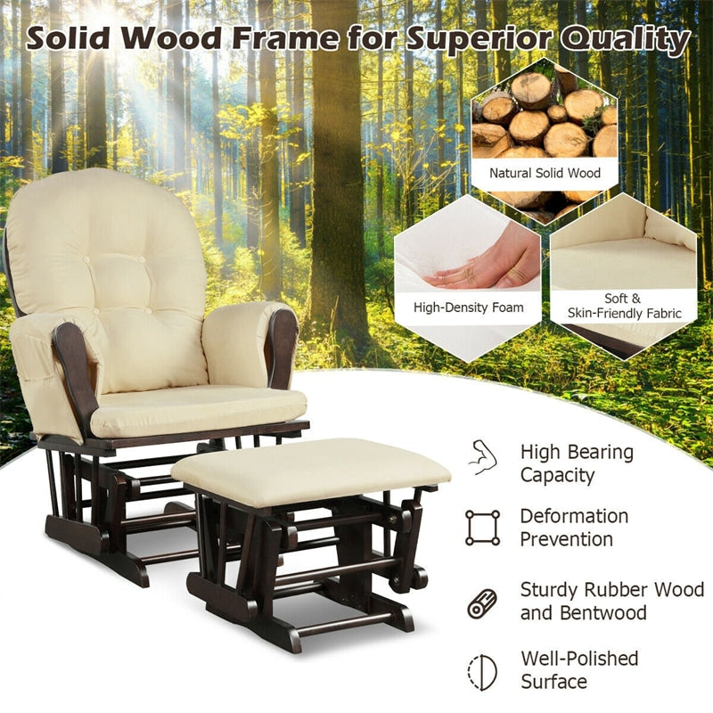 Wood Nursery Glider Chair & Ottoman Set Nursery Rocking Chair Glider Rocker with Padded Cushion & Storage Pocket