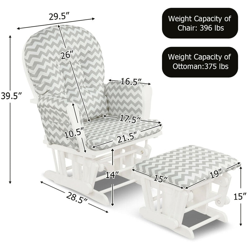 Wood Baby Glider Chair Nursery Rocking Chair & Ottoman Cushion Set with Storage Pocket