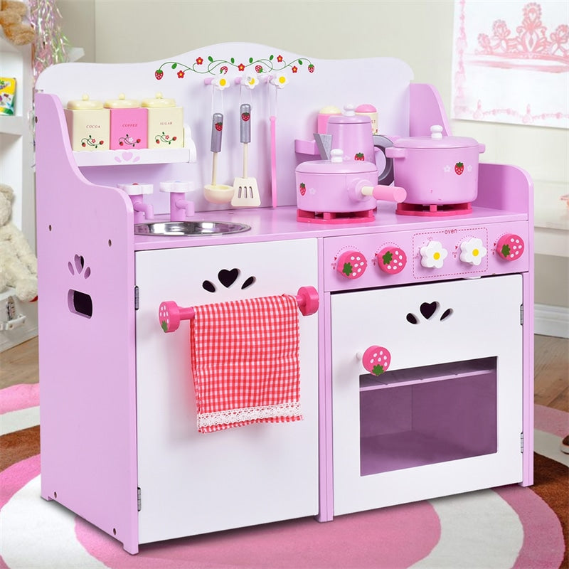 Pink Kids Kitchen Playset Wooden Pretend Play Kitchen Toddler Little Chef Toy Kitchen Set with 13pcs Cokware & Storage Cabinet