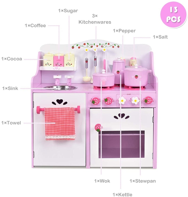 Wooden Kids Kitchen Playset Pink Strawberry Pretend Play Cooking Set with 13-Pieces Cookware