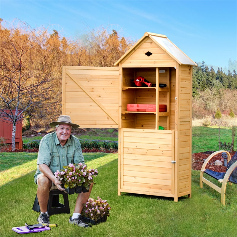 70" Wood Outdoor Storage Shed Lockable Garden Tool Storage Cabinet with 5 Shelves & Galvanized Sheet Roof