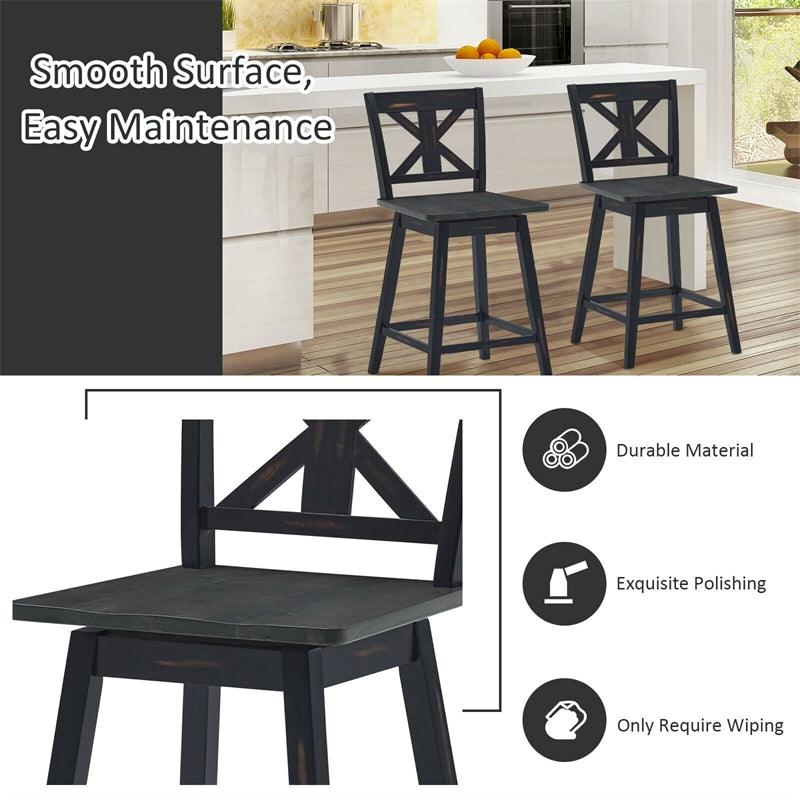 24" Wooden Bar Stools Set of 2 Swivel Counter Height Chairs with Non-Slip Foot Pads