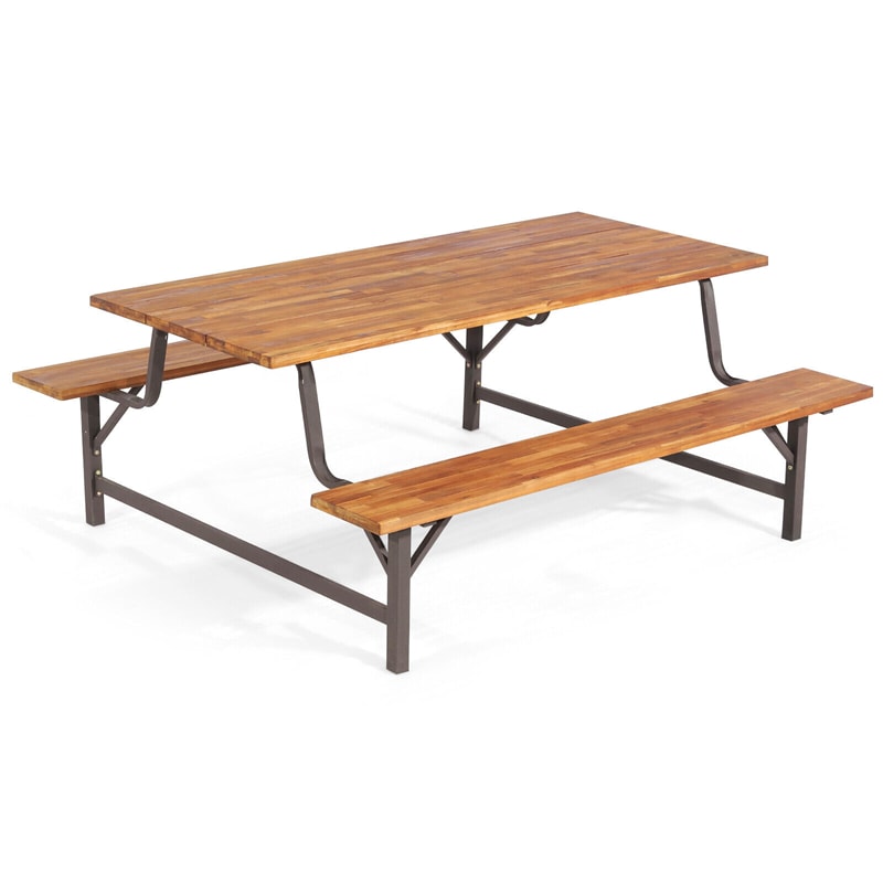 6FT Acacia Wood Picnic Table Bench Set for 6 Person, Large Outdoor Camping Table Patio Dining Table with Umbrella Hole & Built-in Benches