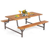 Acacia Wood Patio Picnic Table Bench Set Outdoor Dining Table with Umbrella Hole & Benches