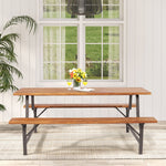 Acacia Wood Patio Picnic Table Bench Set Outdoor Dining Table with Umbrella Hole & Benches
