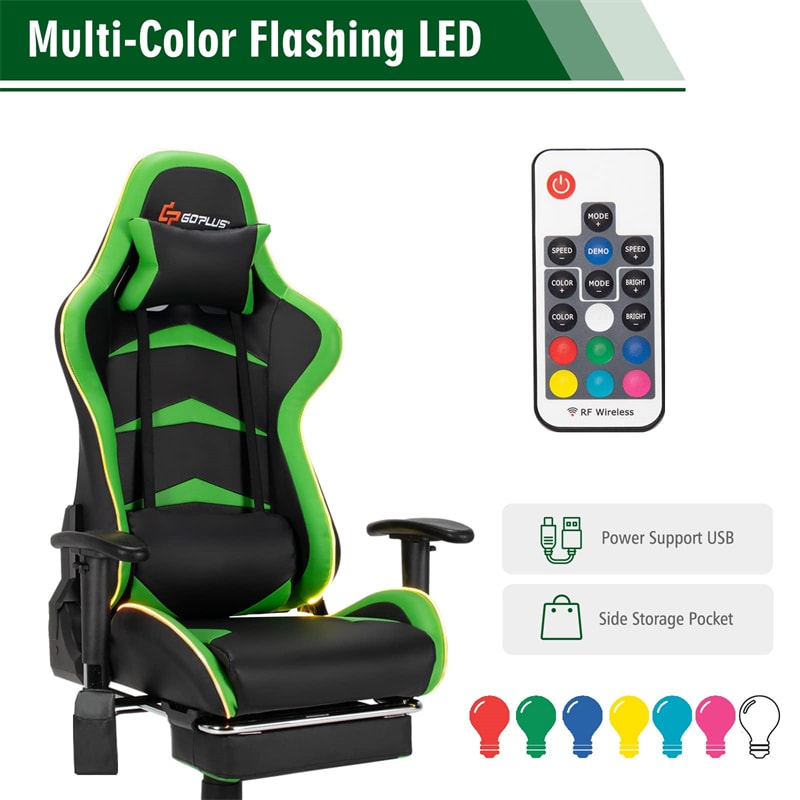 Adjustable Height Massage Gaming Chair Ergonomic Racing Computer Chair High Back with RGB Light Reclining Backrest Handrails