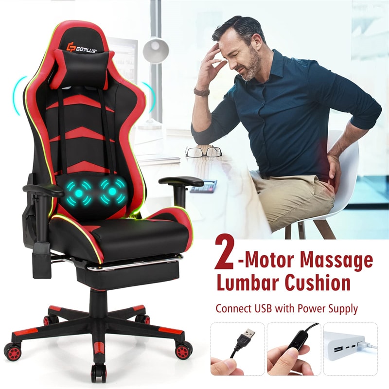 PU Leather Gaming Chair with USB Massage Lumbar Pillow and Footrest, Red
