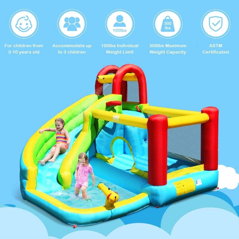6 In 1 Inflatable Water Slide Kids Bounce House with Climbing Wall & Basketball Hoop