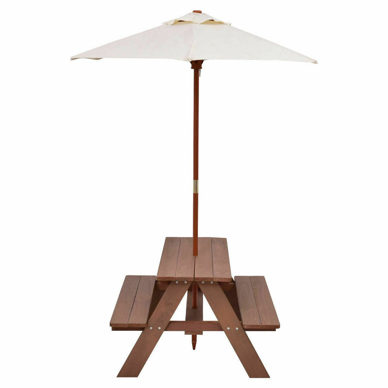 Kids Outdoor Picnic Table Toddler Wood Patio Table & Bench Set with Removable Folding Umbrella for Backyard Garden Lawn