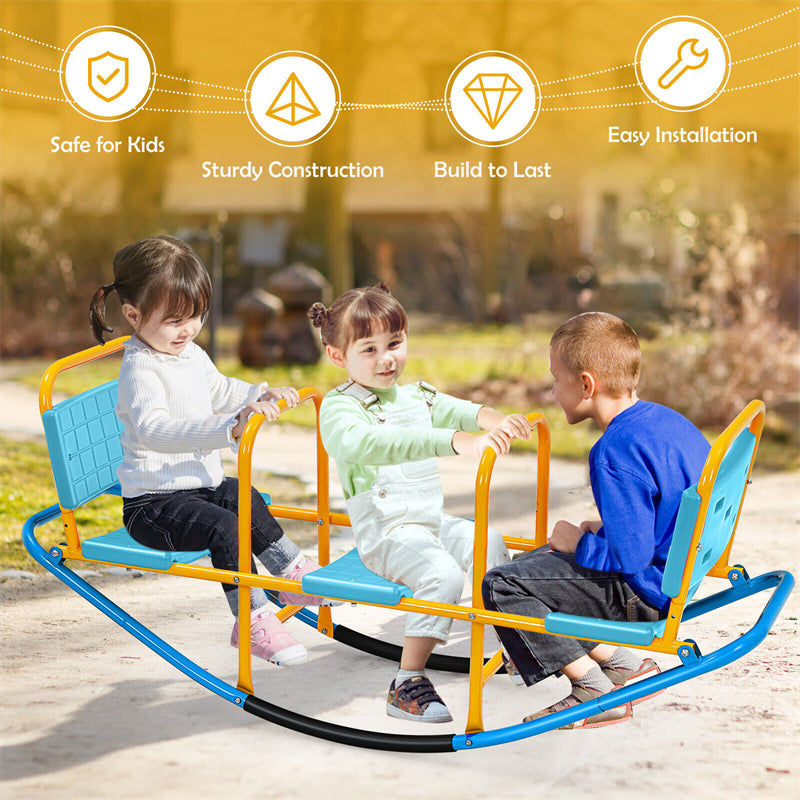 Kids Rocking Seesaw 3-Person Teeter Totter Heavy-Duty Metal Playground Equipment with Handlebars & Backrest Seat for Toddlers Boys Girls Ages 3-8