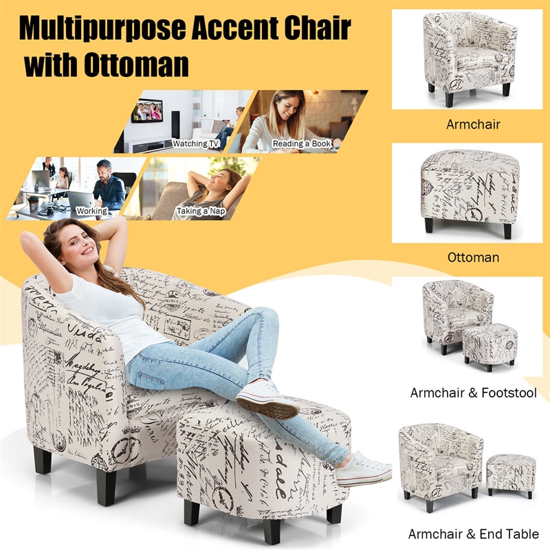 Comfortable Armchair with Ottoman, Modern Fabric Single Sofa Chair Accent  Chair with Solid Wood Legs, Single Sofa Reading Chair with Ottoman Footrest