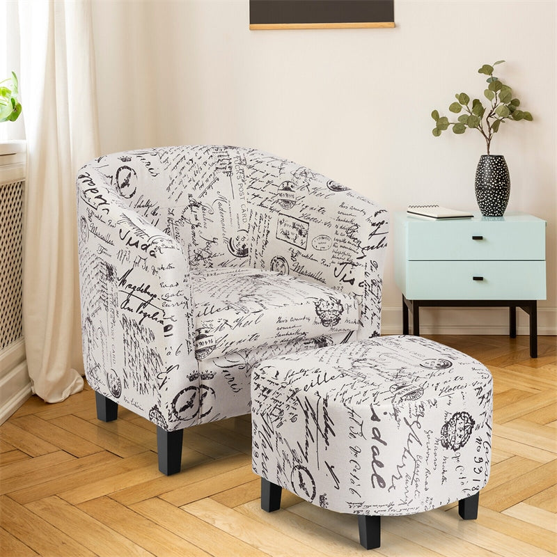 Modern Accent Chair Letter Print French Upholstered Barrel Chair with Ottoman & Solid Wood Legs for Living Room