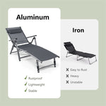 Outdoor Aluminum Folding Chaise Lounge Reclining Patio Lounge Chair with Headrest Pillow, 8-Level Adjustable Backrest & 2 Leg Positions