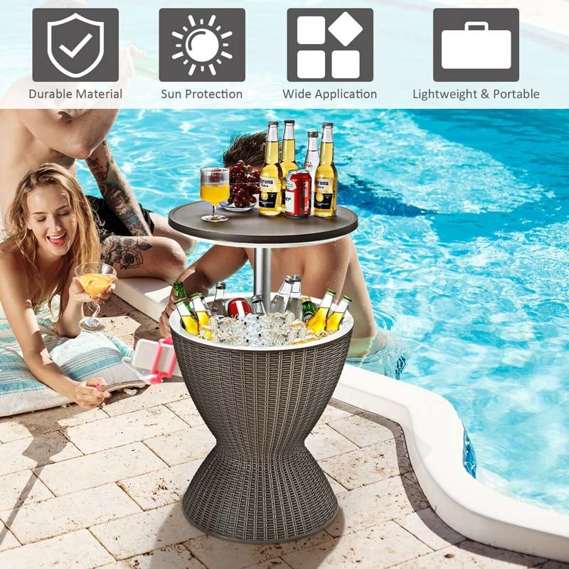 3 in 1 Outdoor Cool Bar Table Rattan Style Patio Cooler Table 8 Gallon Beer Wine Cooler All-Weather Ice Bucket with Retratable Tabletop & Drain Plug