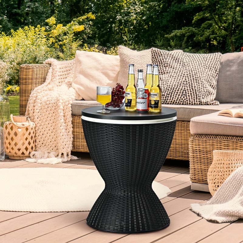 3 in 1 Outdoor Cool Bar Table Rattan Style Patio Cooler Table 8 Gallon Beer Wine Cooler All-Weather Ice Bucket with Retratable Tabletop, Drain Plug