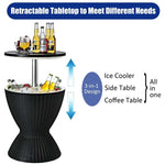 3 in 1 Outdoor Cool Bar Table Rattan Style Patio Cooler Table 8 Gallon Beer Wine Cooler All-Weather Ice Bucket with Retratable Tabletop & Drain Plug