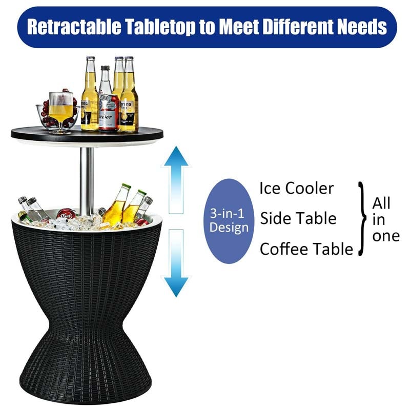 3 in 1 Outdoor Cool Bar Table Rattan Style Patio Cooler Table 8 Gallon Beer Wine Cooler All-Weather Ice Bucket with Retratable Tabletop, Drain Plug