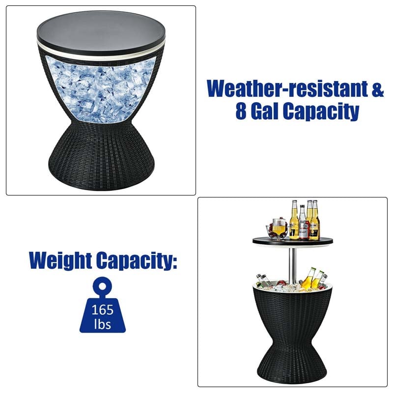 3 in 1 Outdoor Cool Bar Table Rattan Style Patio Cooler Table 8 Gallon Beer Wine Cooler All-Weather Ice Bucket with Retratable Tabletop, Drain Plug