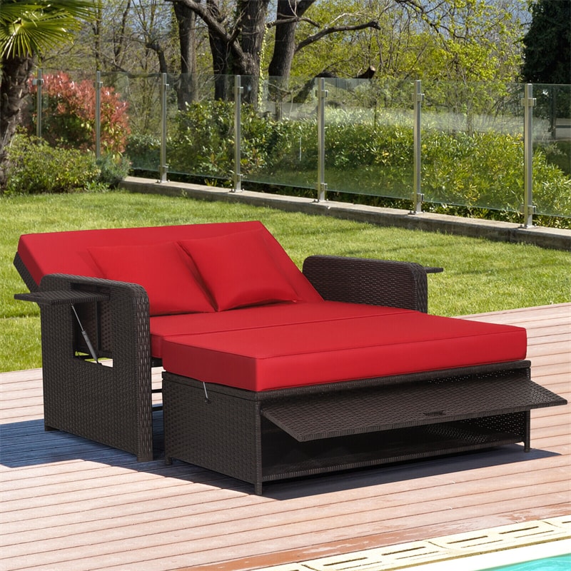 Outdoor Rattan Daybed Patio Wicker Loveseat Sofa with Cushions, Multipurpose Ottoman, Retractable Side Tray, Adjustable Double Chaise Lounge