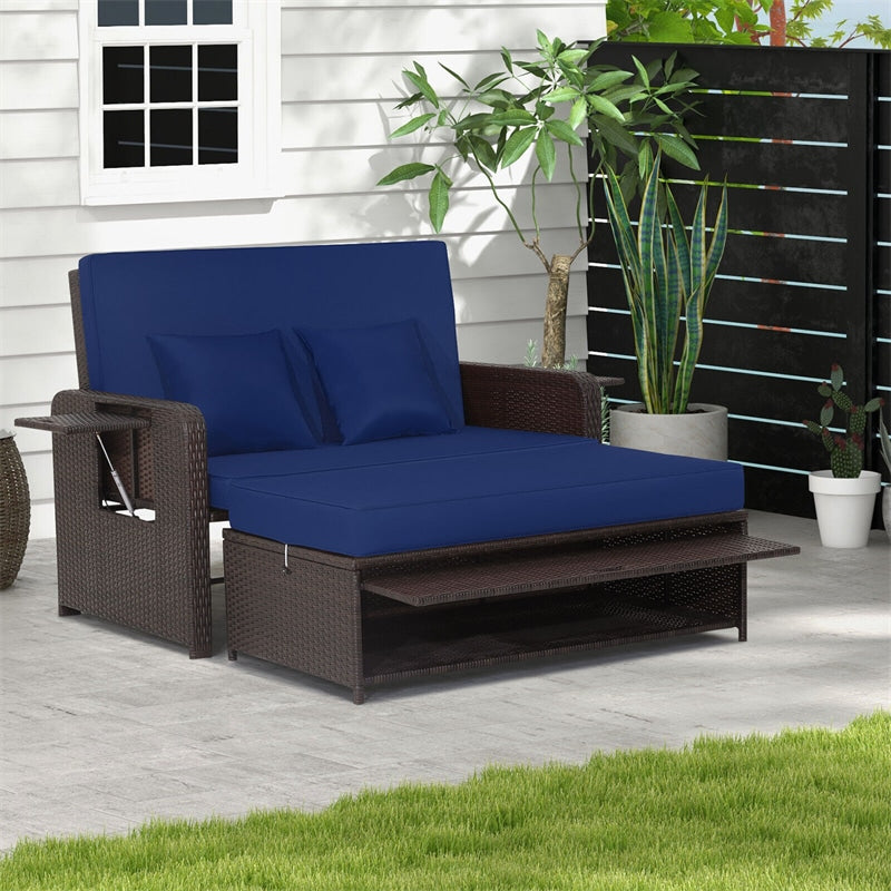 Outdoor Rattan Daybed Patio Wicker Loveseat Sofa with Cushions, Multipurpose Ottoman, Retractable Side Tray, Adjustable Double Chaise Lounge
