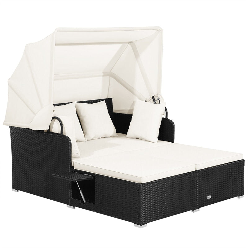 Outdoor Wicker Daybed Sectional Conversation Lounger Set with Retractable Canopy, 2 Foldable Side Panels, 6 Seat & Back Cushions