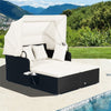 Patio Rattan Daybed Outdoor Wicker Double Sun Lounger with Retractable Top Canopy, 2 Side Table, Soft Seat & Back Cushions