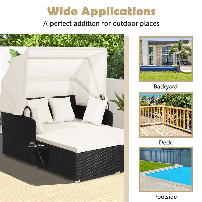 Patio Rattan Daybed Outdoor Wicker Double Sun Lounger with Retractable Top Canopy, 2 Side Table, Soft Seat & Back Cushions