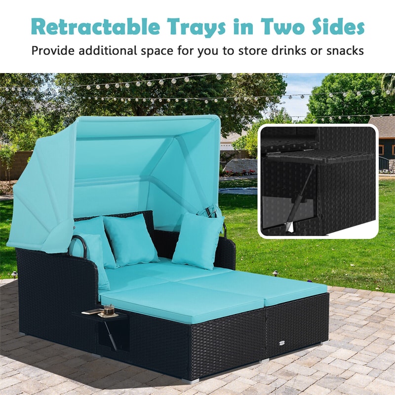Outdoor Wicker Daybed Sectional Conversation Lounger Set with Retractable Canopy, 2 Foldable Side Panels, 6 Seat & Back Cushions