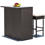 3-Piece Patio Rattan Wicker Bar Table Stool Set with Seat Cushions & Glass Top Table