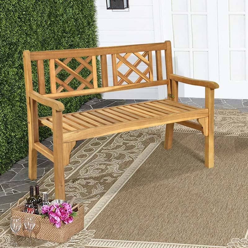 Foldable Wood Patio Bench with Curved Backrest and Armrest - Bestoutdor
