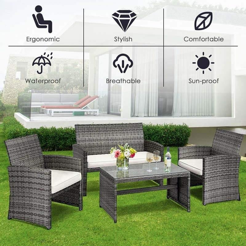 4 Pieces Outdoor Rattan Sofa Set with Cushions and Table - Bestoutdor