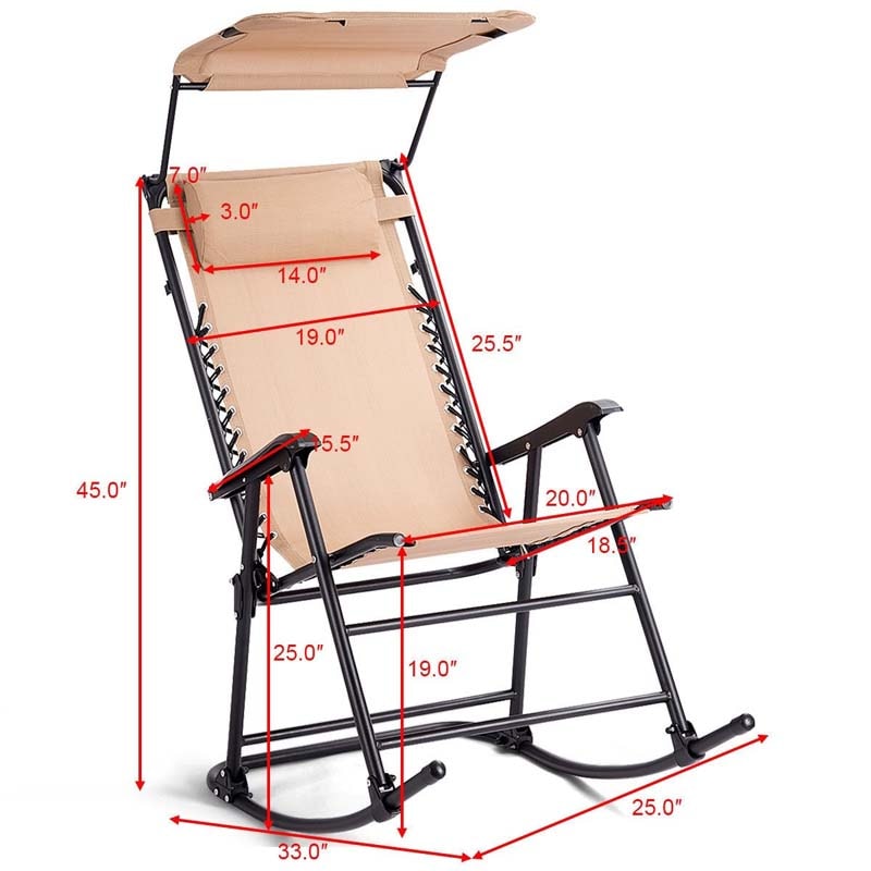 Folding Zero Gravity Rocking Chair Porch Rocker with Shade Canopy Headrest