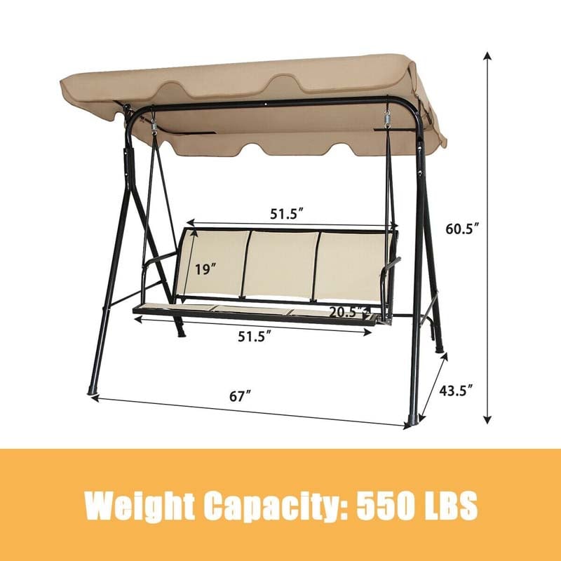 3-Person Porch Swing Steel Frame Patio Swing Bench with Adjustable Polyester Canopy