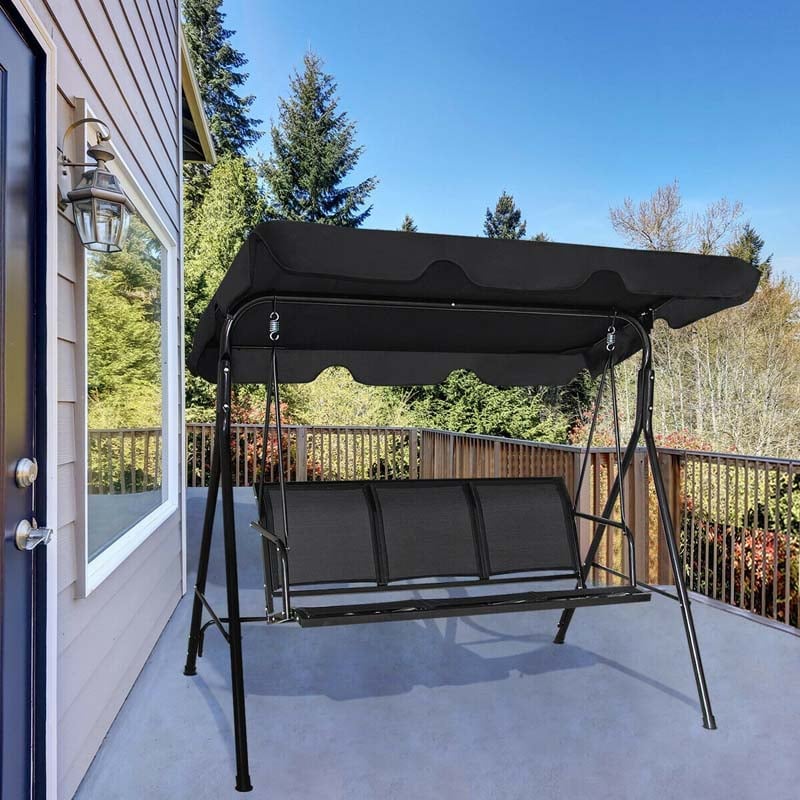 Outdoor Porch Swing 3 Person Steel Frame Patio Swing Bench with Angle Adjustable Polyester Canopy