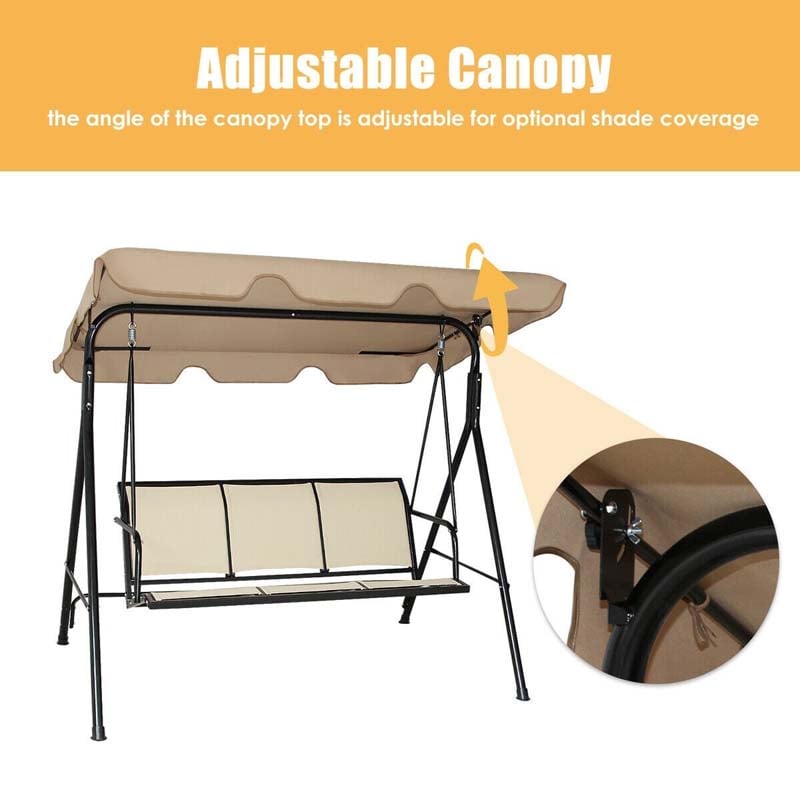 Outdoor Porch Swing 3 Person Steel Frame Patio Swing Bench with Angle Adjustable Polyester Canopy