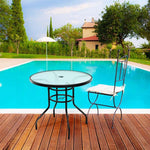 32" Patio Tempered Glass Round Table Outdoor Bistro Table with Umbrella Hole & Sturdy Steel Frame