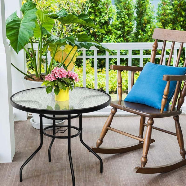 32" Patio Tempered Glass Round Table Outdoor Bistro Table with Umbrella Hole & Sturdy Steel Frame - Bestoutdor