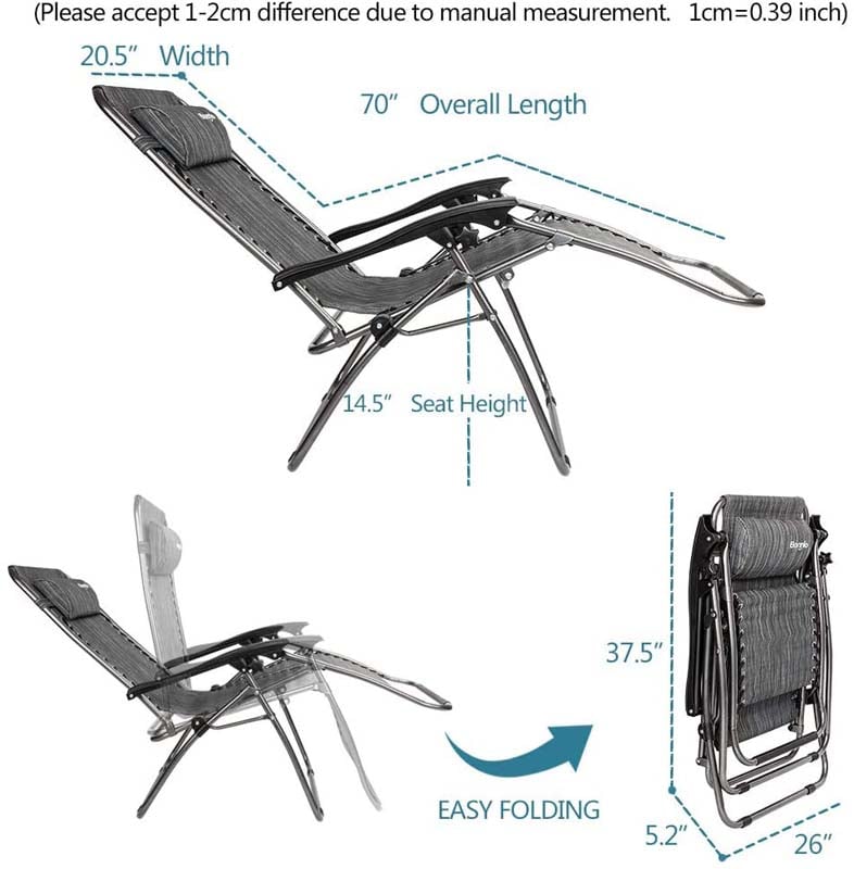 3 Pcs Portable Zero Gravity Reclining Chairs Folding Outdoor Lounge Chairs Set